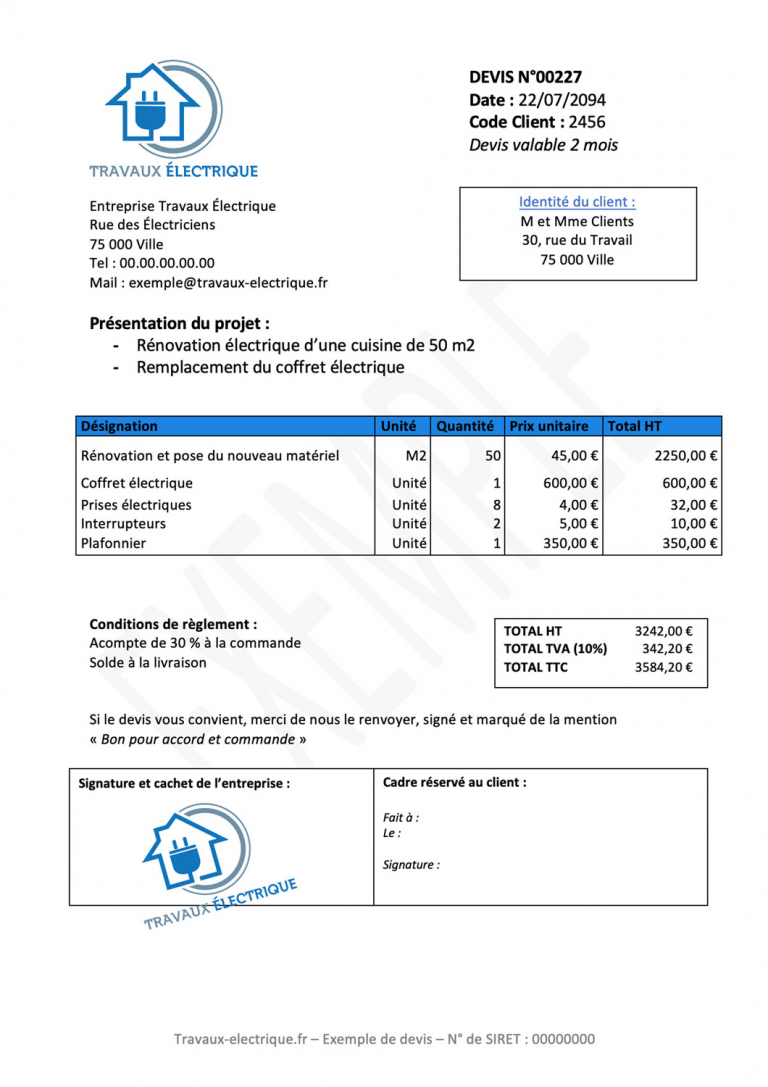 Exemple de devis de travaux electriques  Guide et devis en travaux d